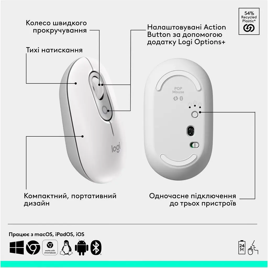 Комплект (клавіатура + миша) Logitech POP Icon Combo Bluetooth UA Off-White (920-013141) [121101] - фото 9