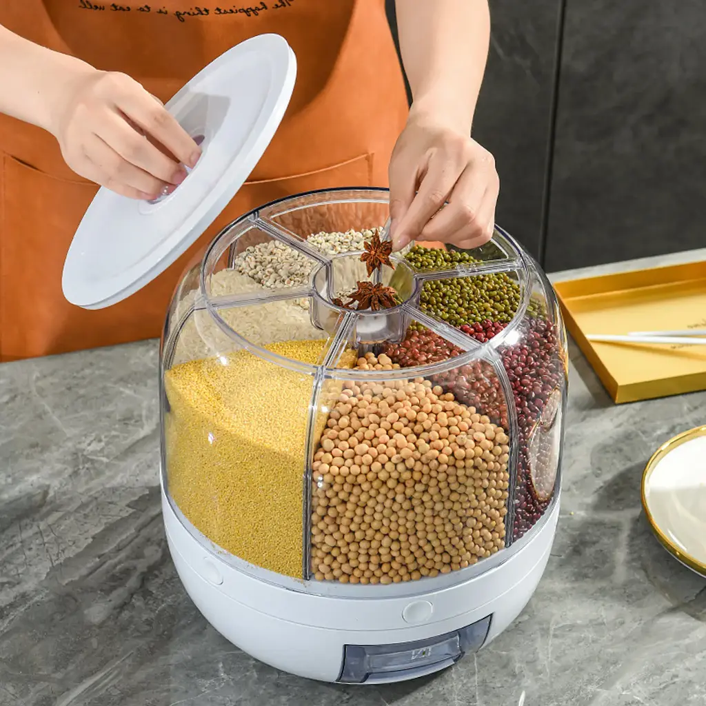 Диспенсер для сипучих продуктів із дозатором 6 відділень кухонний органайзер вологостійкий контейнер для зберігання круп обертається на 360 градусів W6 UKC 6027 - фото 6