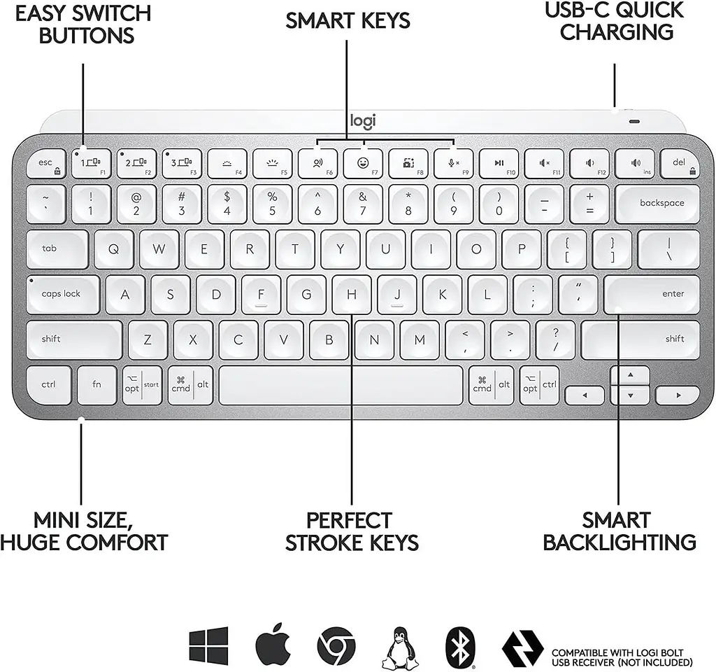 Клавіатура Logitech MX Keys мінімалістська та бездротова з підсвічуванням, компактна, Bluetooth, підсвічування Б\в - фото 3