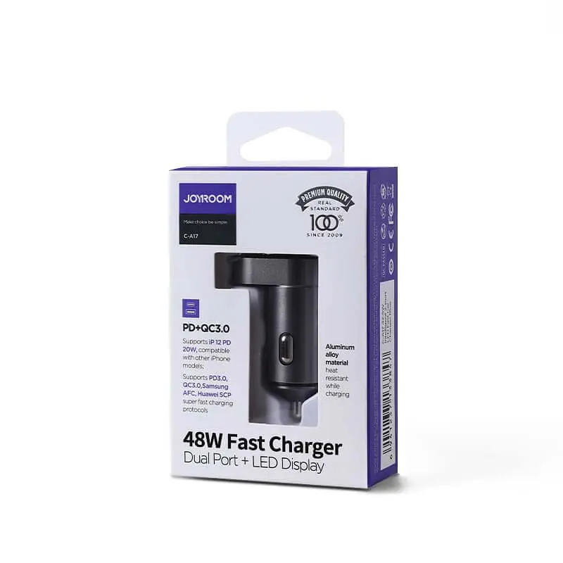 Адаптер автомобільний JOYROOM Intelligent 2-port LED Fast Car Charger C-A17 |1USB/1Type-C, 48W/3A, PD/QC| - фото 2
