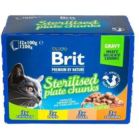 Вологий корм Brit Premium Cat Набір паучів сімейна тарілка для стерилізованих котів асорті 4 смаки 100 г х 12 шт. - фото 3