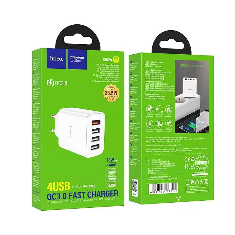 Адаптер мережевий HOCO Fuerza four-port charger C102A 4USB 28.5W блок білий - фото 8