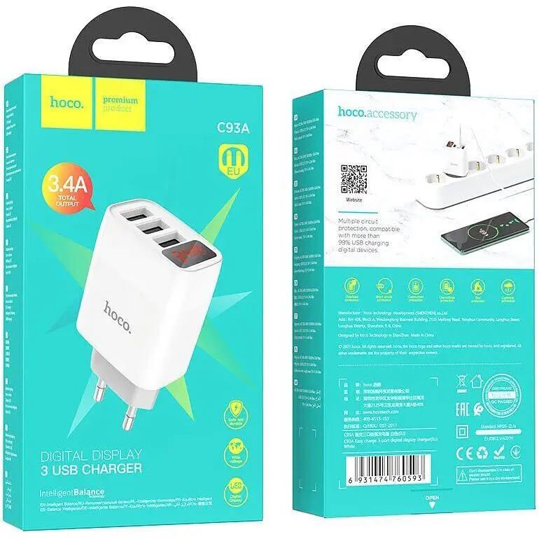 Мережевий зарядний пристрій Hoco C93A 3-USB White [112164] - фото 7