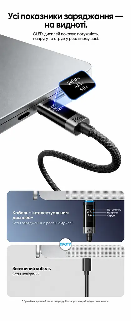 Кабель Vention TSIBH USB-C - USB-C PD 240 Вт з OLED-дисплеєм 2 м чорний (TSIBH) - фото 3