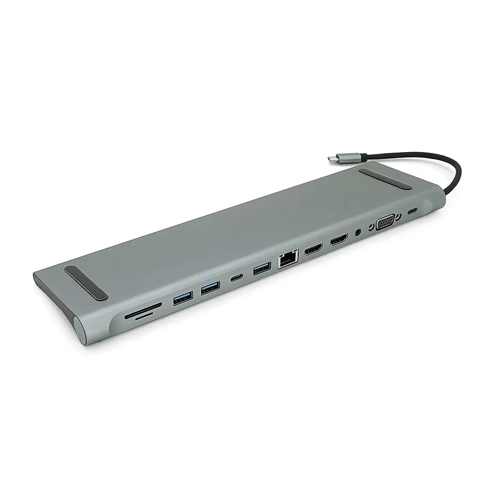 Хаб-конвертор Voltronic 12 в 1 Type-C (тато) на Type-C(мама)+2*USB2.0(мама)+USB3.0(мама)+2*HDMI(мама)+VGA(мама)+SD/TF+RJ45+ jack3.5 (мама)+PD, 10cm, Silver, Box - фото 4