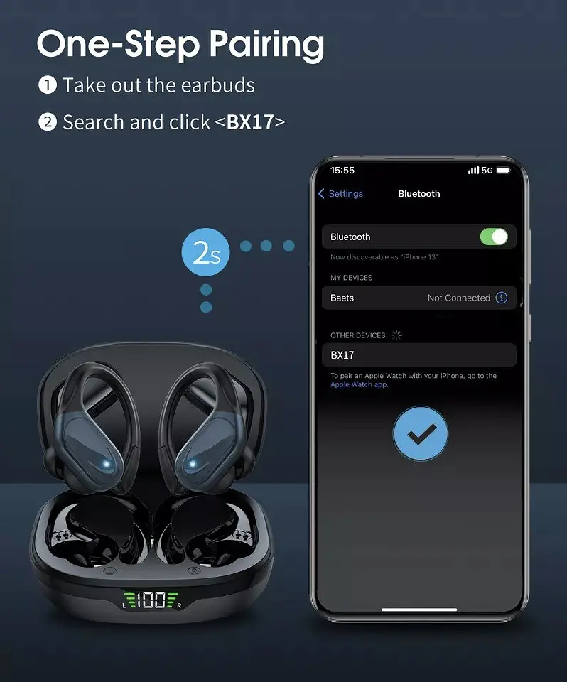 Бездротові спортивні Bluetooth навушники TWS BX17, водонепроникні, з індикатором заряду Чорні - фото 5