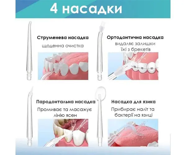 Іригатор для чищення зубів та ротової порожнини, портативний, 4 насадки, зелений - фото 6