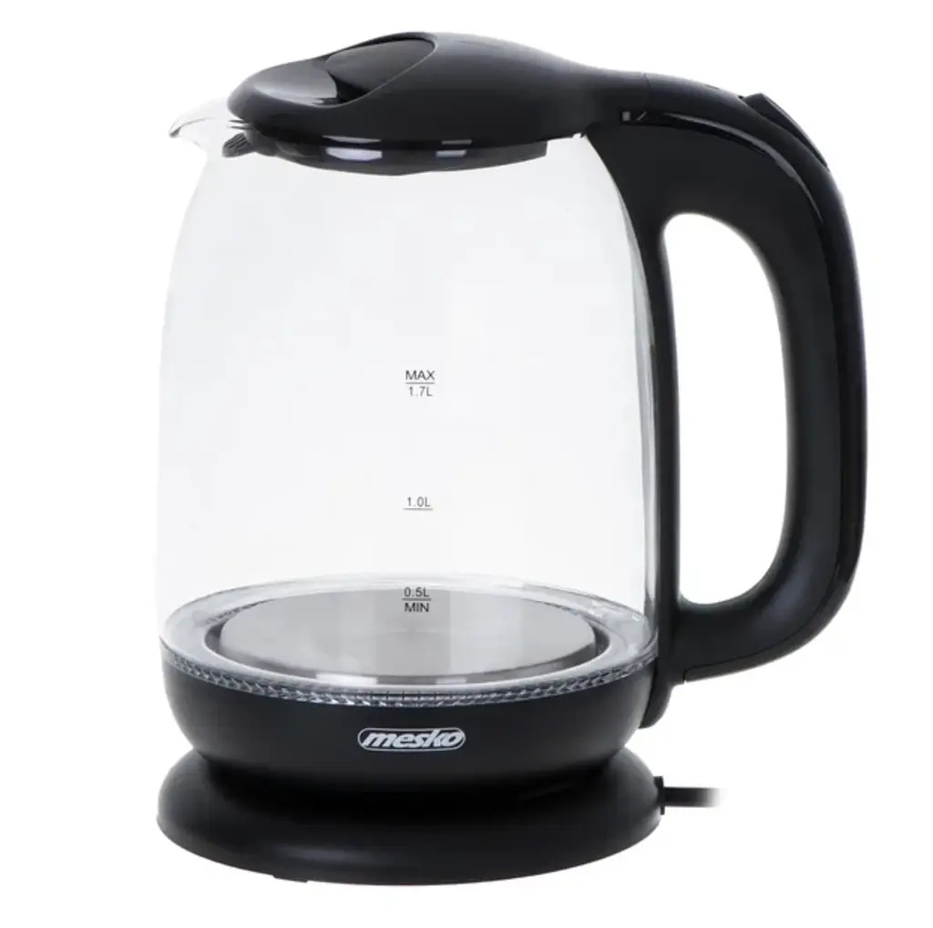 Скляний електрочайник Mesko MS 1302 Black, 1,7 л, 2200 Вт, з LED-підсвіткою, прихований нагрівальний елемент, чорний