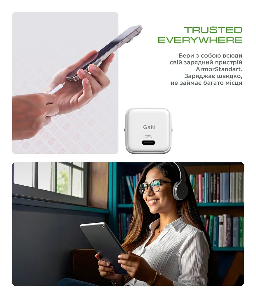 Зарядний пристрій AR373 GaN 20W White з портом USB-C, підтримка Power Delivery, швидка зарядка для смартфонів і планшетів Apple, Samsung, Xiaomi, ArmorStandart (ARM77569) - фото 7