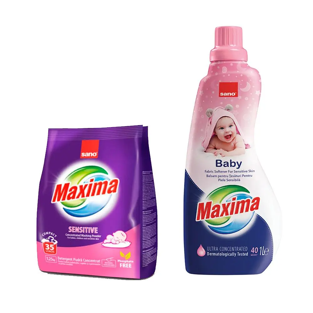 Пральний порошок Sano Sensitive 1.25 кг & Суперконцентрований ополіскувач Sano Maxima Baby 1 л (295336, 991419)