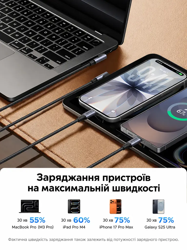 Кабель UGREEN L536 USB-C - USB-C кутовий 90° PD 3.1 240 Вт 1 м чорний (85225) - фото 14