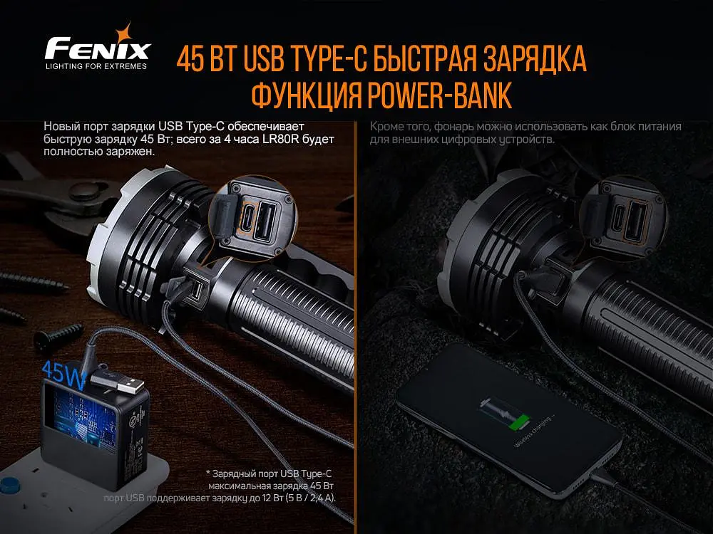 Супермощный поисковый ручной фонарь Fenix LR80R 18000лм Type-C (Черный) - фото 5