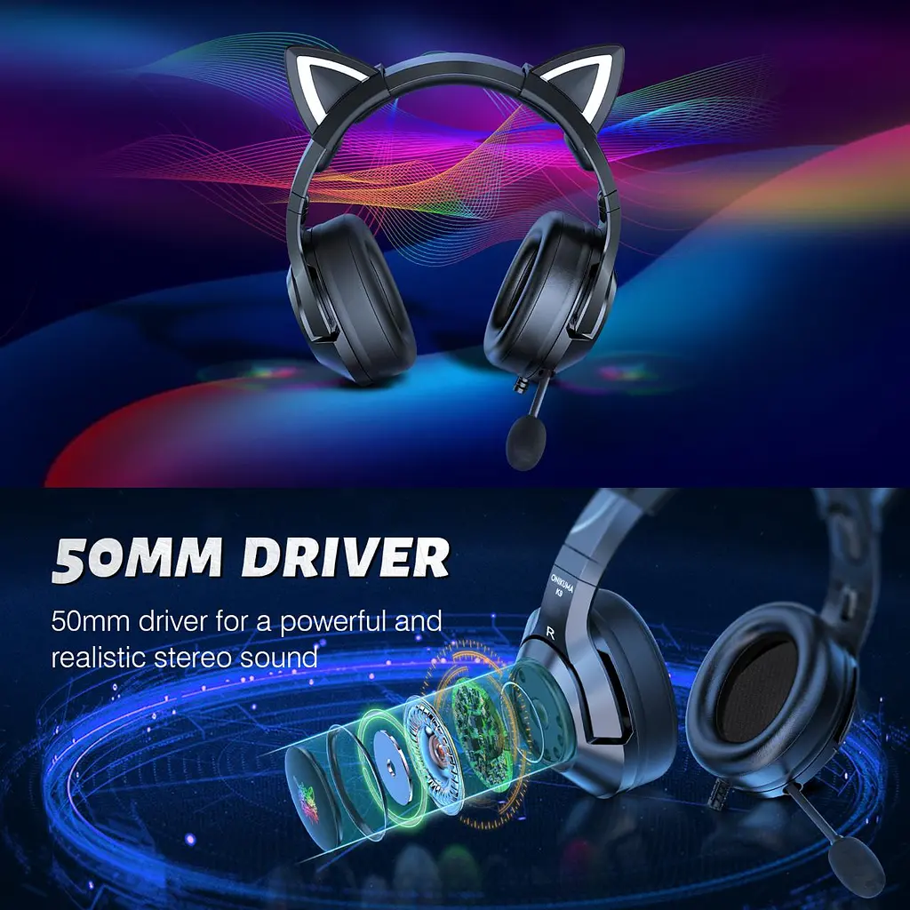 Ігрові навушники Onikuma K9X Pro з котячими вушками, LED-підсвічуванням та мікрофоном - фото 3