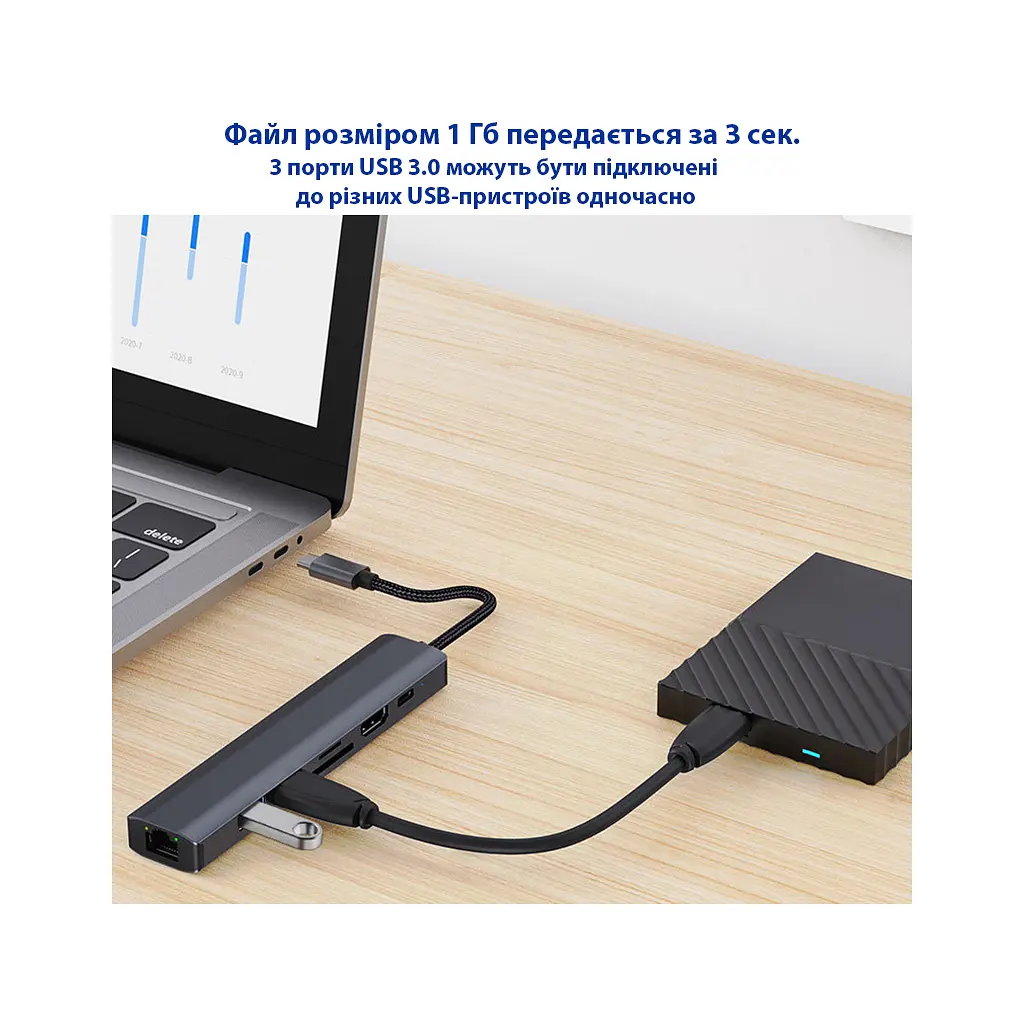 Концентратор Dynamode 7-in-1 USB-C to HDTV 4K/30Hz, 2хUSB3.0, RJ45, USB-C PD 100W, SD/MicroSD (BYL-2303) - фото 9