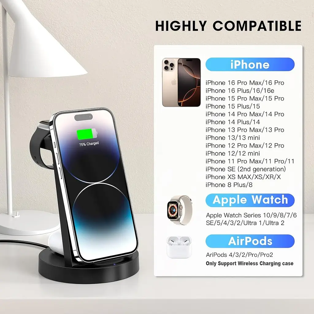 Бездротова зарядна станція 3-в-1 для iPhone, Apple Watch та AirPods - фото 6