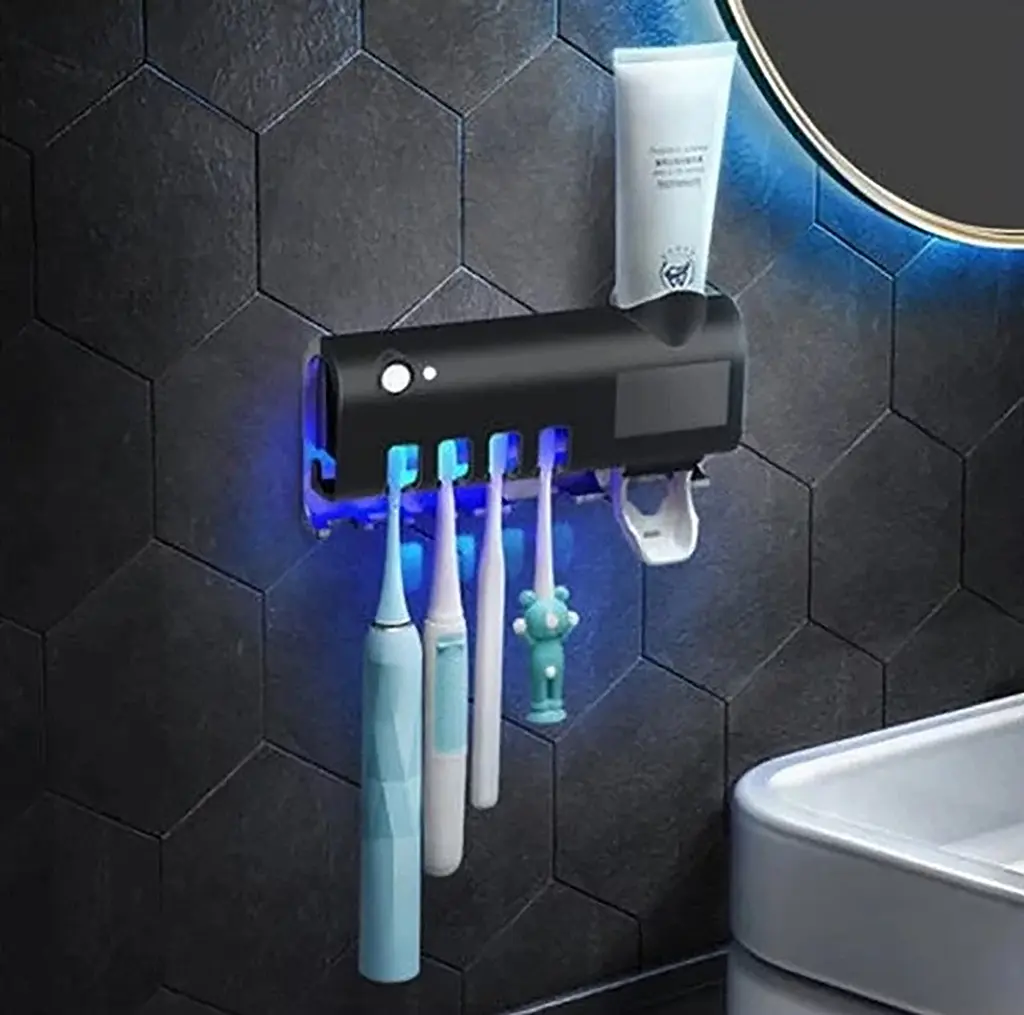 Стерилізатор тримач для зубних щіток на 4 секції з дозатором Multi-function Toothbrush Sterilizer UV, Yu Xin Чорний 86601 - фото 2