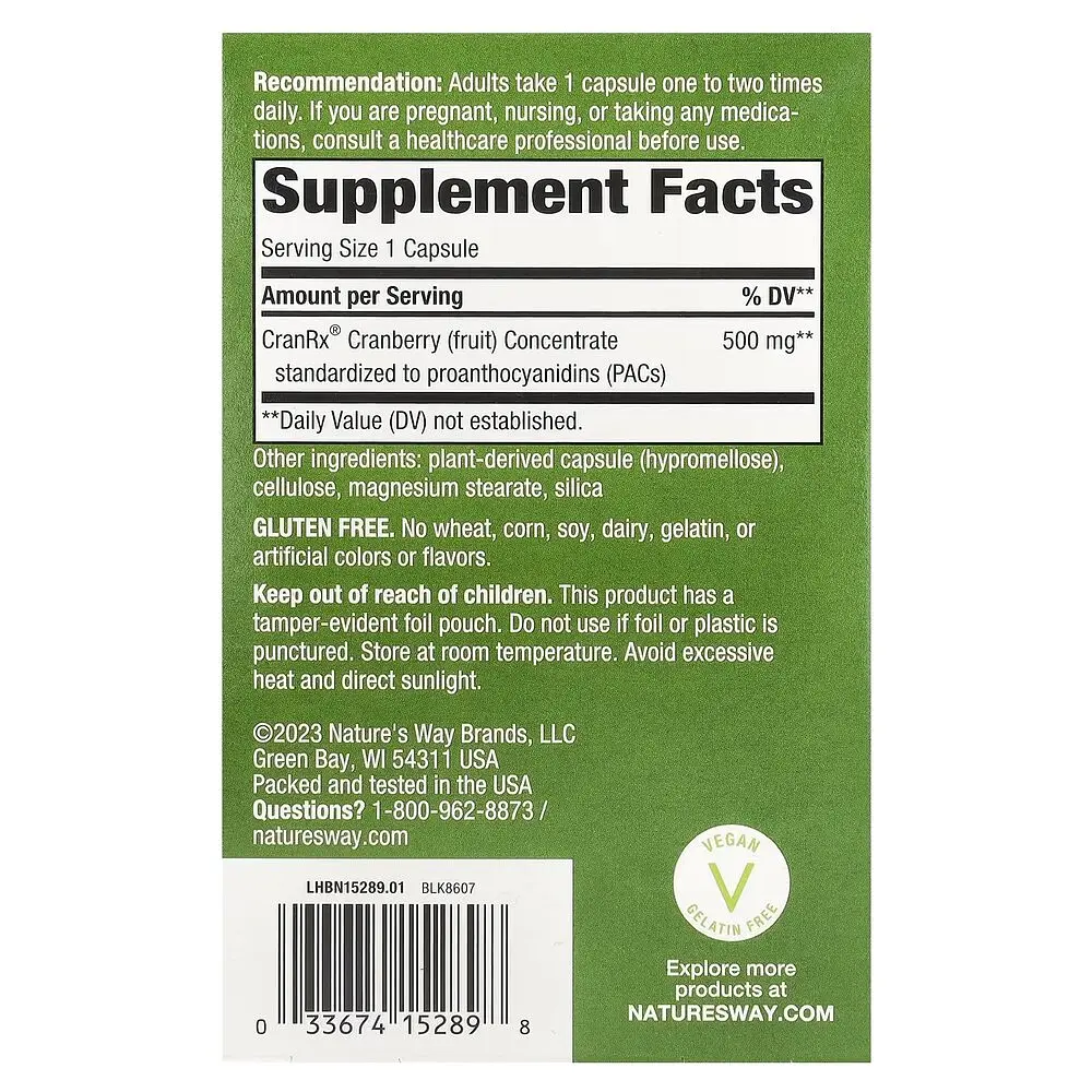 Біоактивна журавлина з пробіотиками Nature's Way CranRx Bioactive Cranberry 500 mg вітамін С, 30 капсул для підтримки сечовивідної системи - фото 2
