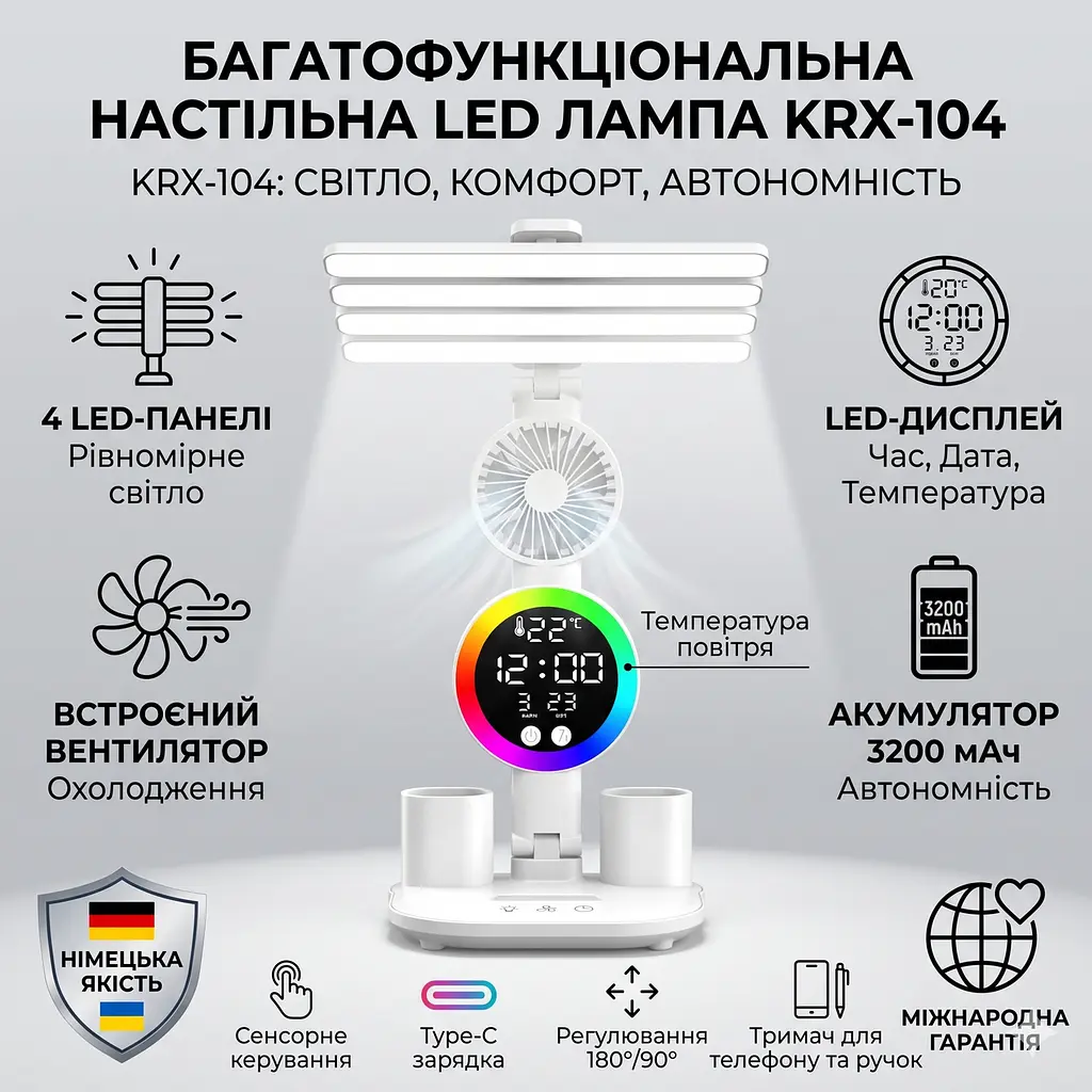 Настільна LED-лампа з 4 панелями, вентилятором і дисплеєм KRX-104 - фото 2