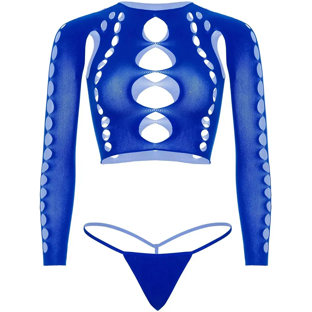 Комплект Leg Avenue Long sleeve crop top & stRing Royal Blue One Size, топ, стрінги - фото 3