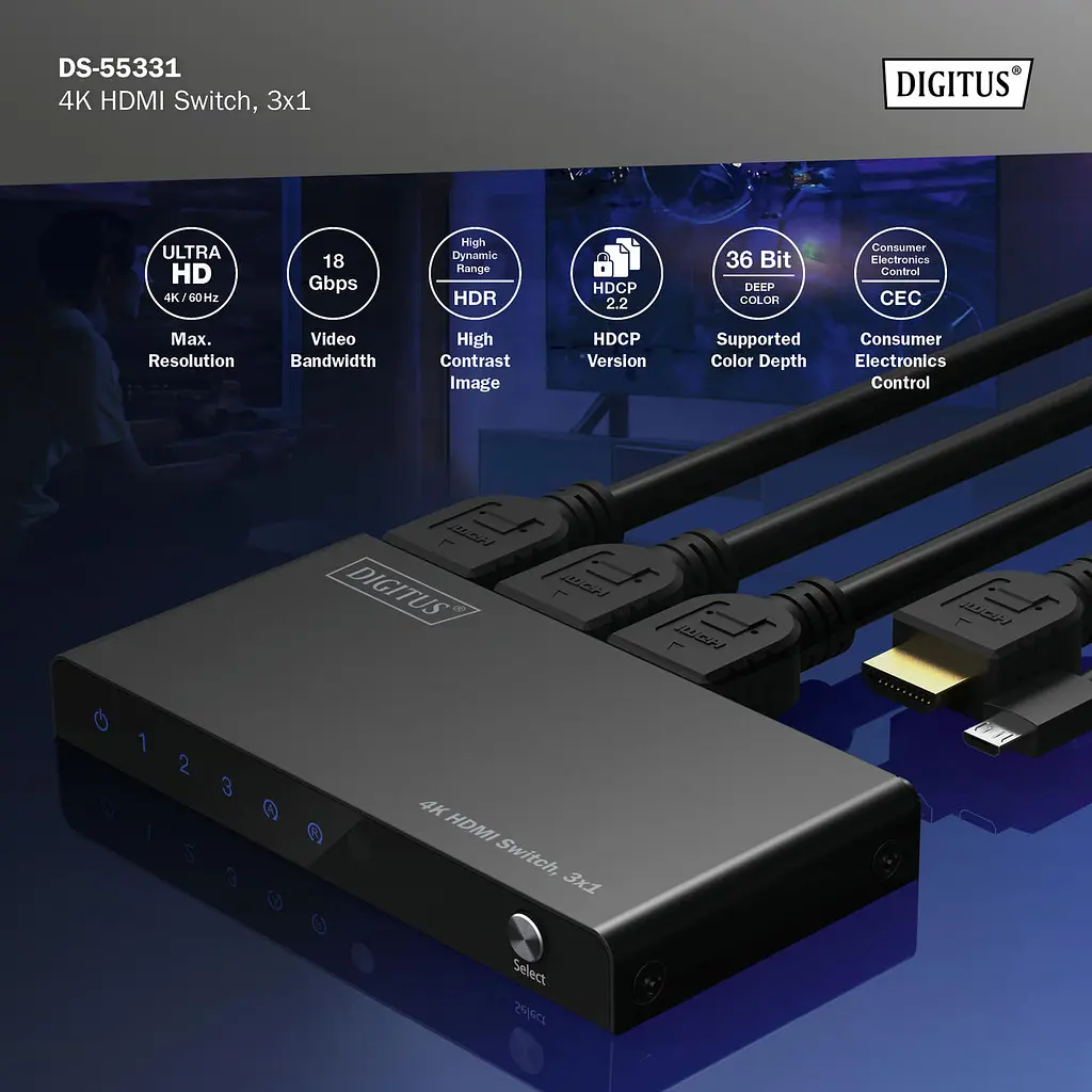 Відеокомутатор Digitus UHD HDMI (INx3 – OUTx1), 4K - фото 6