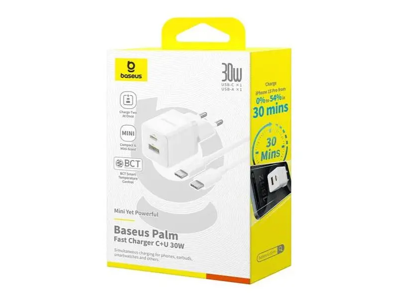 Мережевий зарядний пристрій BASEUS Wall Charger Palm Fast Charger 30 W Type-C to Type-C Cable (P1011160A213-01) - фото 4