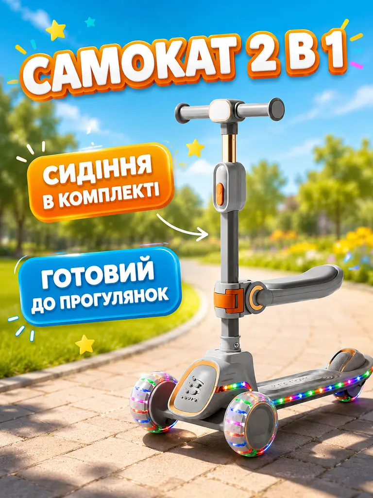 Дитячий самокат триколісний 2в1 сірий із сидінням підсвічуванням коліс і музикою (49675956) - фото 7
