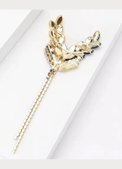 Брошь-булавка колоски пшеницы 11.6 x 4.5 см со стразами Желто-Голубая - фото 3