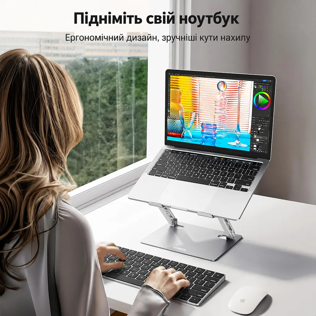 Складна Z-подібна підставка для ноутбука й планшета UGREEN LP866 Для ноутбуків 11–17,3″ Незалежне регулювання висоти до 178 мм і нахилу платформи Силіконові накладки запобігають подряпинам і ковзанню Відкрита конструкція сприяє циркуляції повітря Дві опорні стійки для стійкості Максимальне навантаження 5 кг Космічне срібло (45416) - фото 5