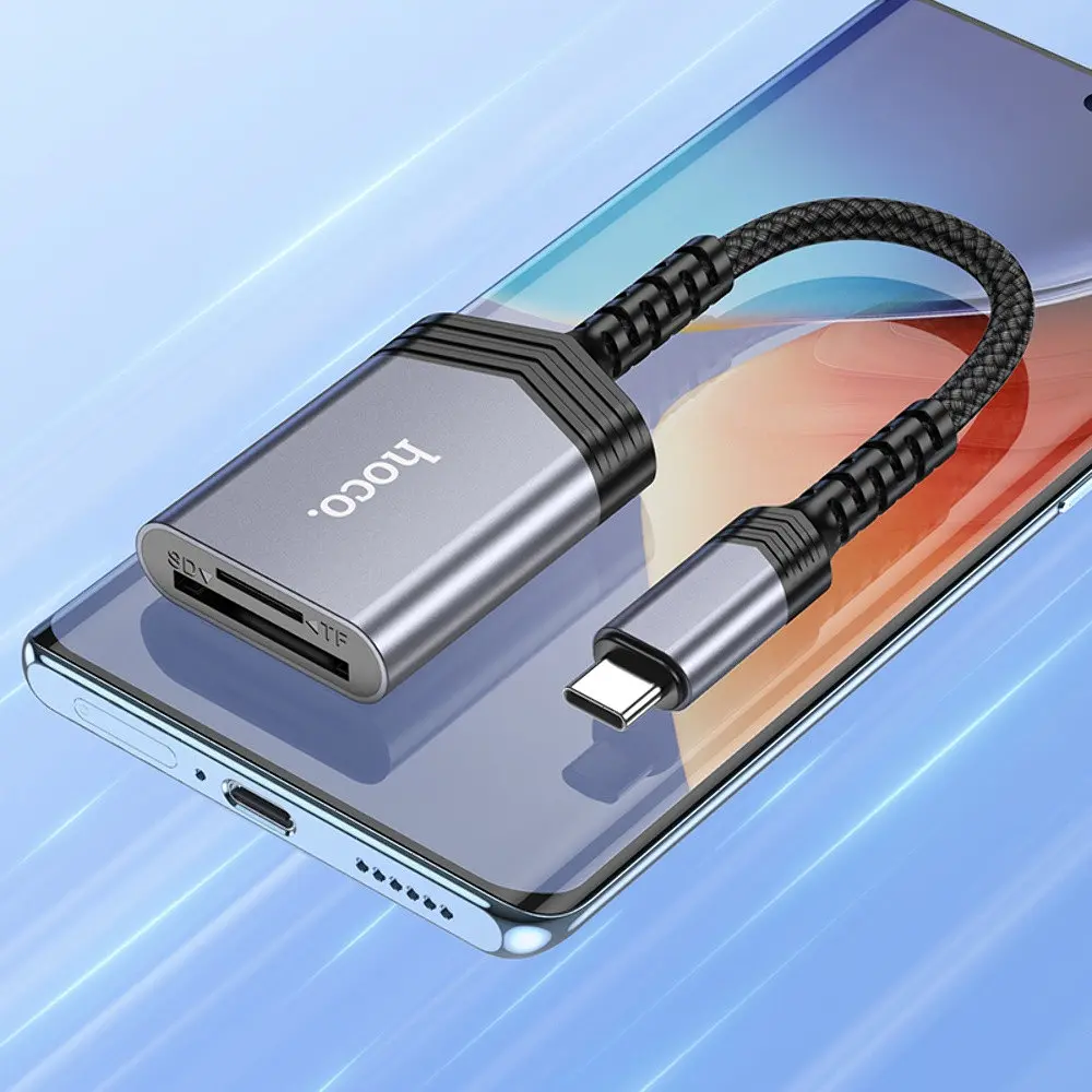 Адаптер переходник Hoco UA25 2 в 1 card reader Type-C серый - фото 4