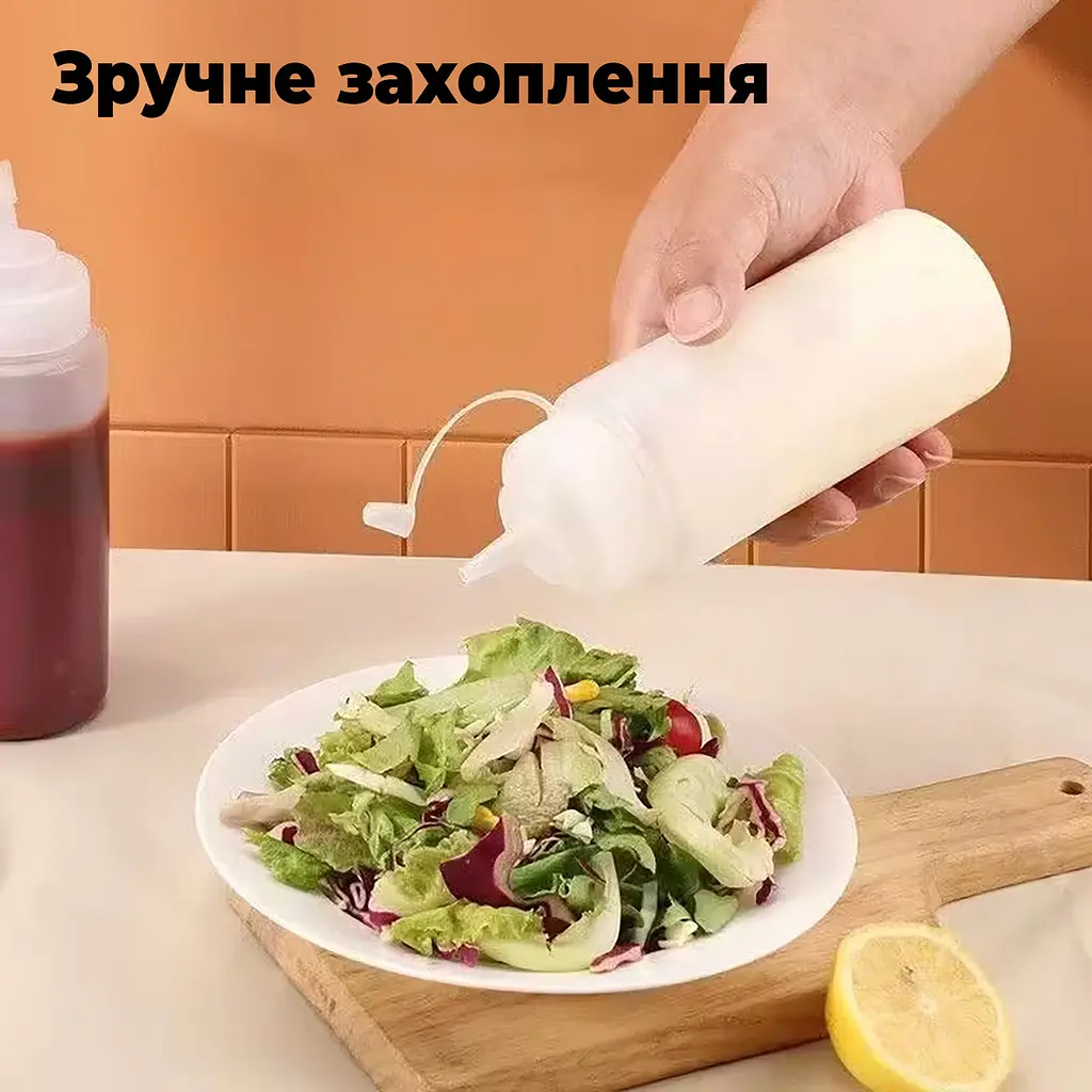Набір пластикових багаторазових пляшечок для економного дозування соусів кетчупу майонеза гірчиці об'ємом 350 мл Різні кольори 87983 - фото 6