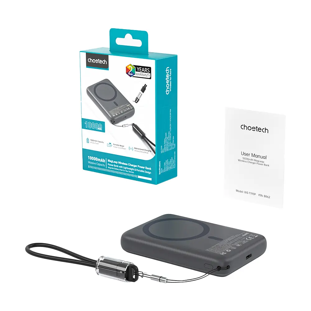 Повербанк 10000mAh Choetech B862 Grey 22.5W QC3.0 PD3.0 бездротова магнітна зарядка MagSafe (43-00168) - фото 5