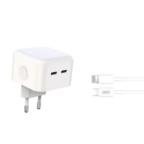 Мережевий зарядний пристрій XO L102 (EU) 35W dual Type-c port fast charger with lightning cable (NB113) - фото 3