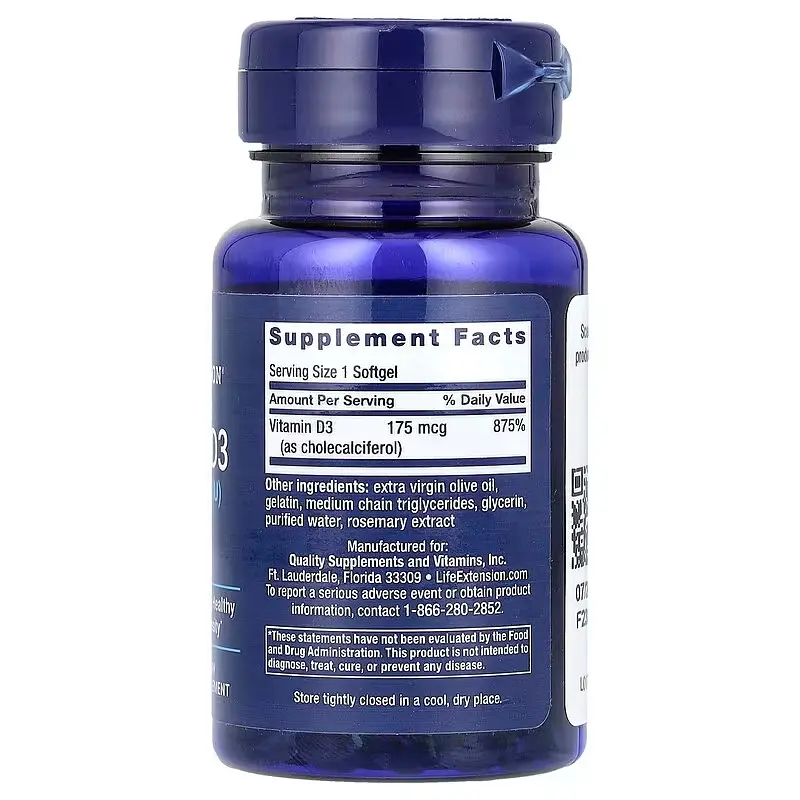 Вітамін D Vitamin D3 7,000 IU 60 Softgels Life Extension vit0006414 - фото 2