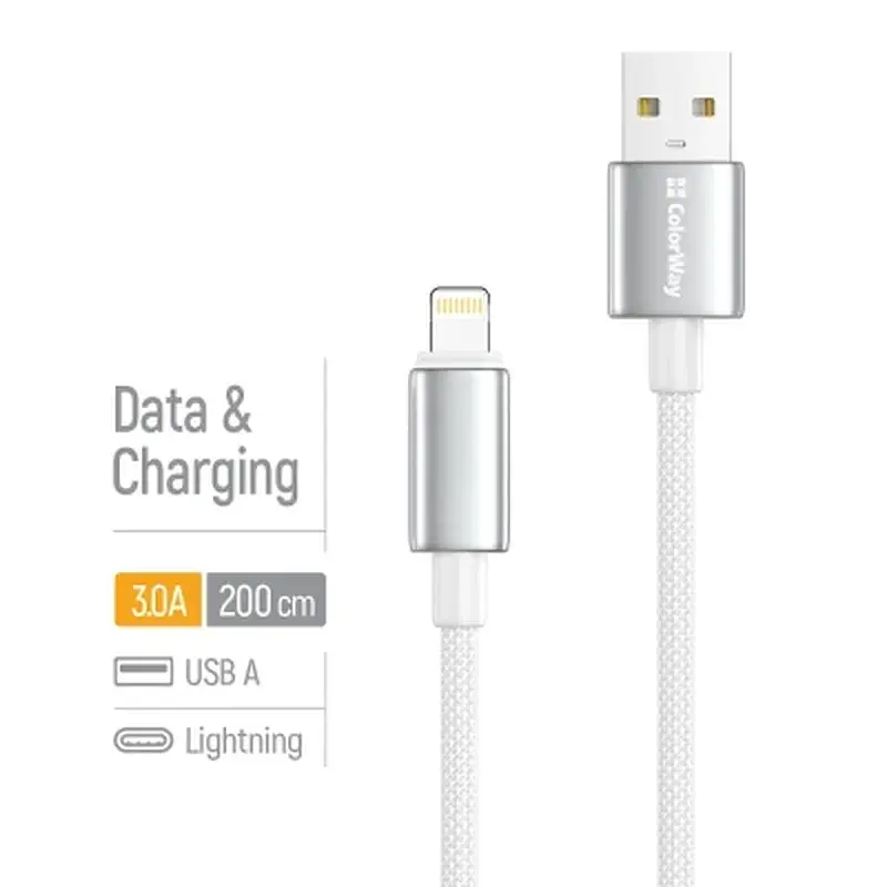 Дата кабель USB 2.0 AM to Lightning 2.0m 3A zinc alloy braided white ColorWay (CW-CBUL099-WT) - фото 4