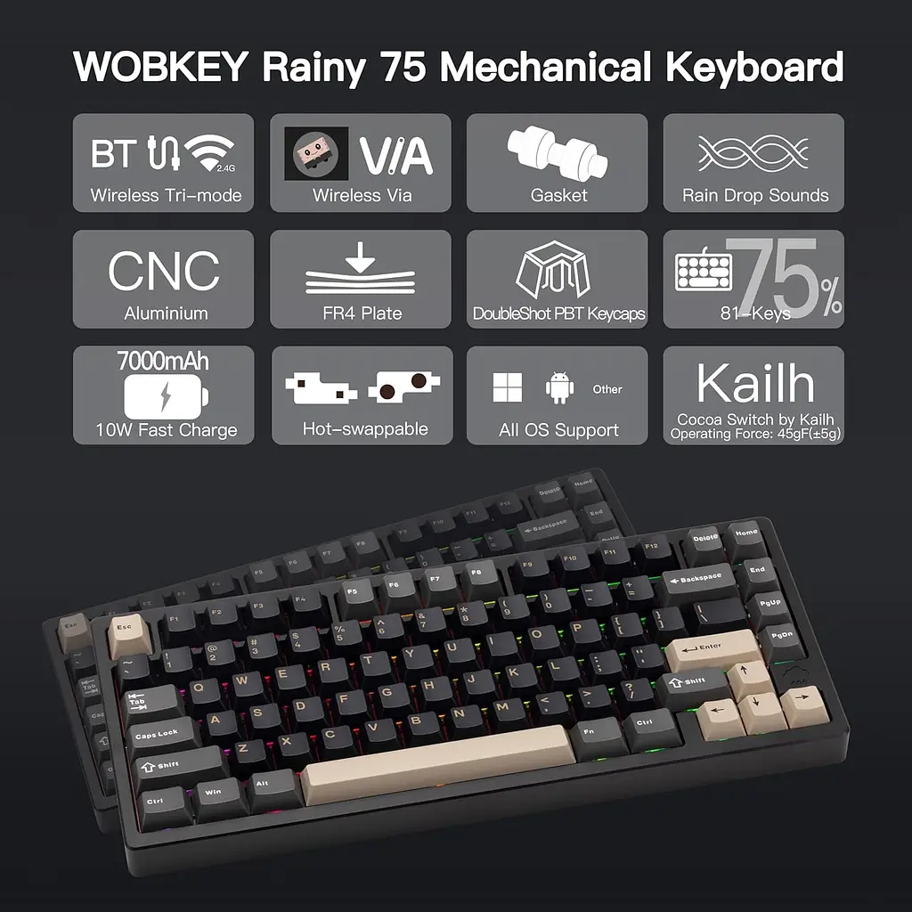 Ігрова механічна клавіатура WOBKEY RAINY 75 PRO / Три режими підключення / Kailh Cocoa Switches / Black - фото 2