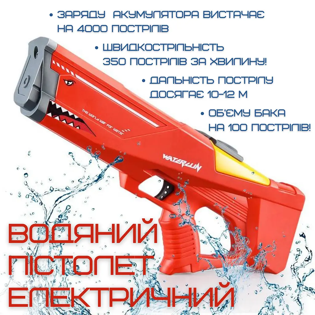 Водний бластер на акумуляторі дитячий водяний пістолет акула червоний Combuy det0018996 - фото 2