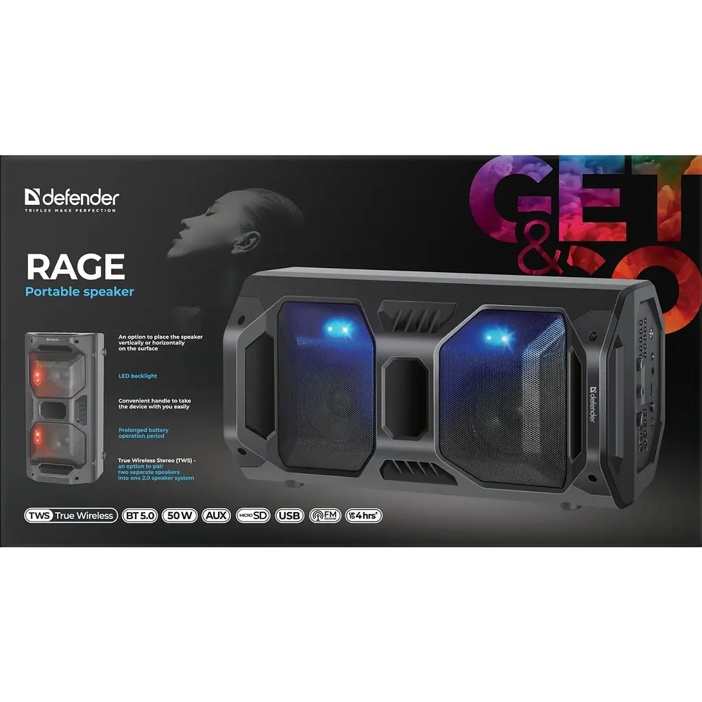 Акустична система 1.0 Defender Rage 50Вт BT/FM/USB/LED/Light/TWS - фото 9