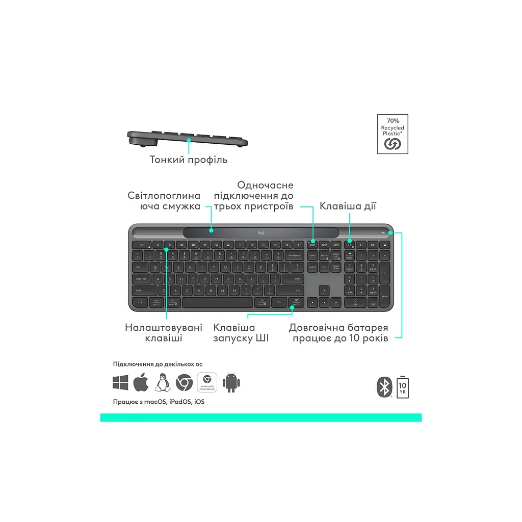 Клавіатура Logitech Slim Solar+ Bluetooth Graphite (920-013764) - фото 8