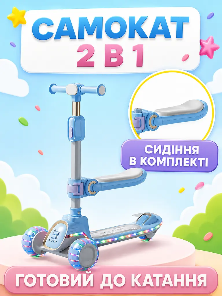 Дитячий самокат триколісний 2в1 блакитний із сидінням підсвічуванням коліс і музикою (49675955) - фото 3