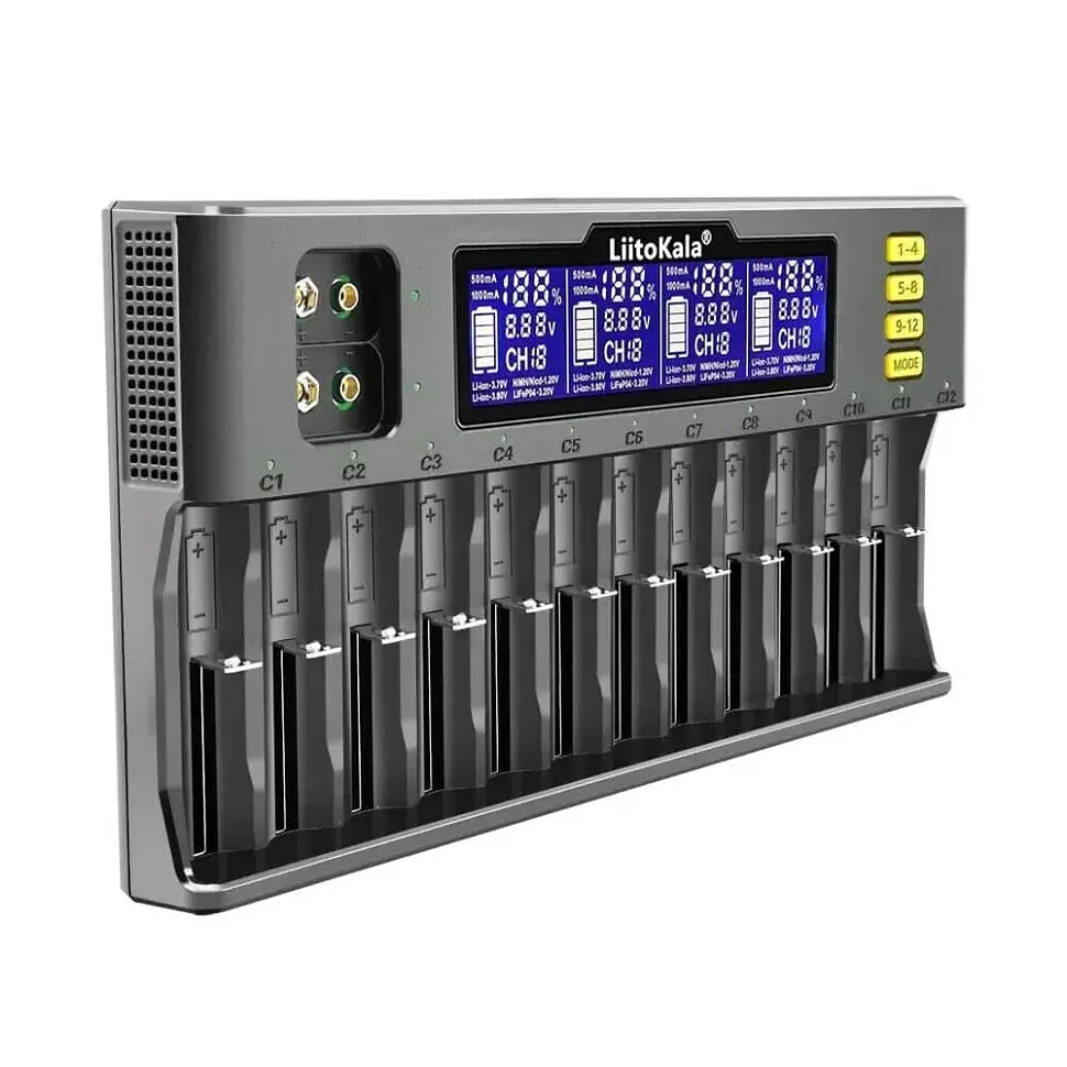 Зарядний пристрій для акумуляторів Liitokala 12 Slots+2, Ni-Mh/Li-ion/LiFePo4/Крона, LED+LCD (Lii-S12) - фото 2