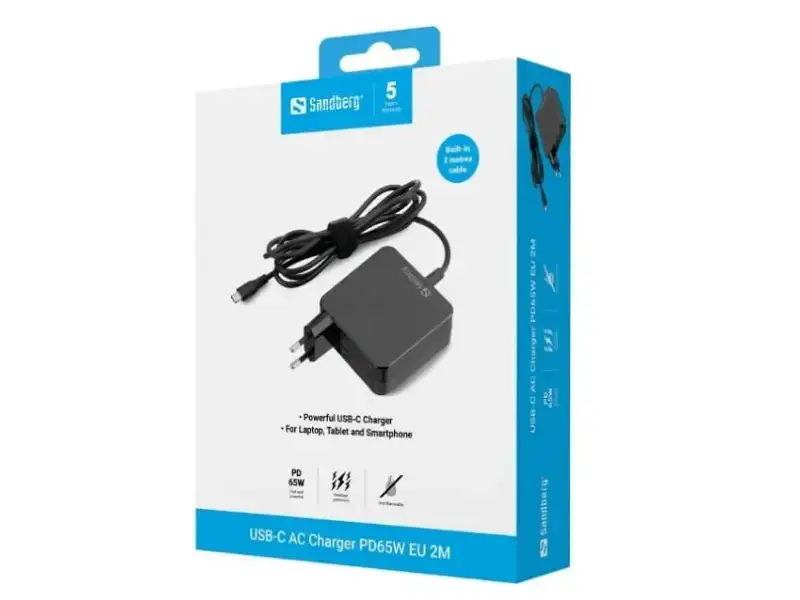 Мережевий зарядний пристрій Sandberg 1xUSB 65 W (USB-C) Gan, built in cable 2 m Black (135-79) - фото 3
