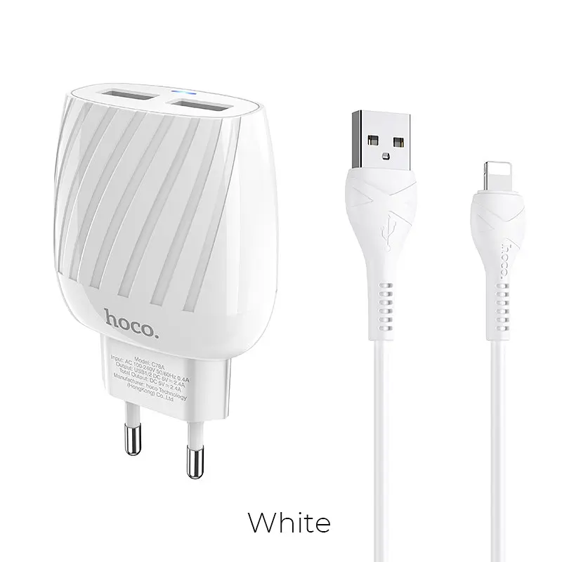 Зарядний адаптер із кабелем HOCO Lightning Cable Max energy C78A 2 порти білий комплект - фото 3
