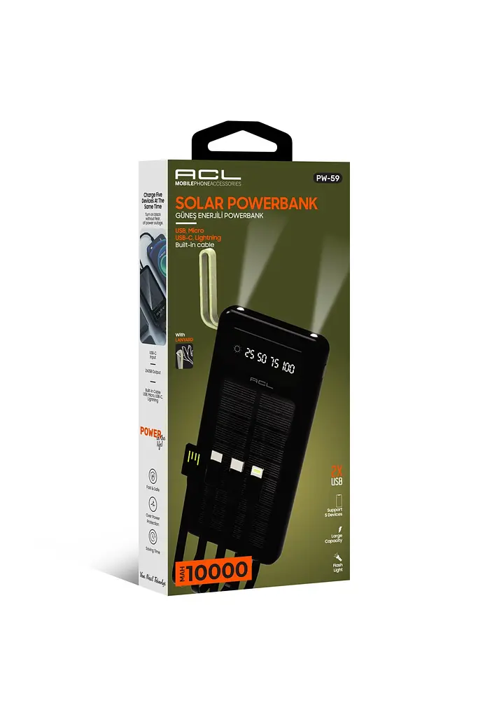 Зовнішній акумулятор Power Bank ACL PW-59 SOLAR 10000 mAh з сонячною панелью та подвійний ліхтар USB-A та USB-C вбудовані кабелі - фото 6