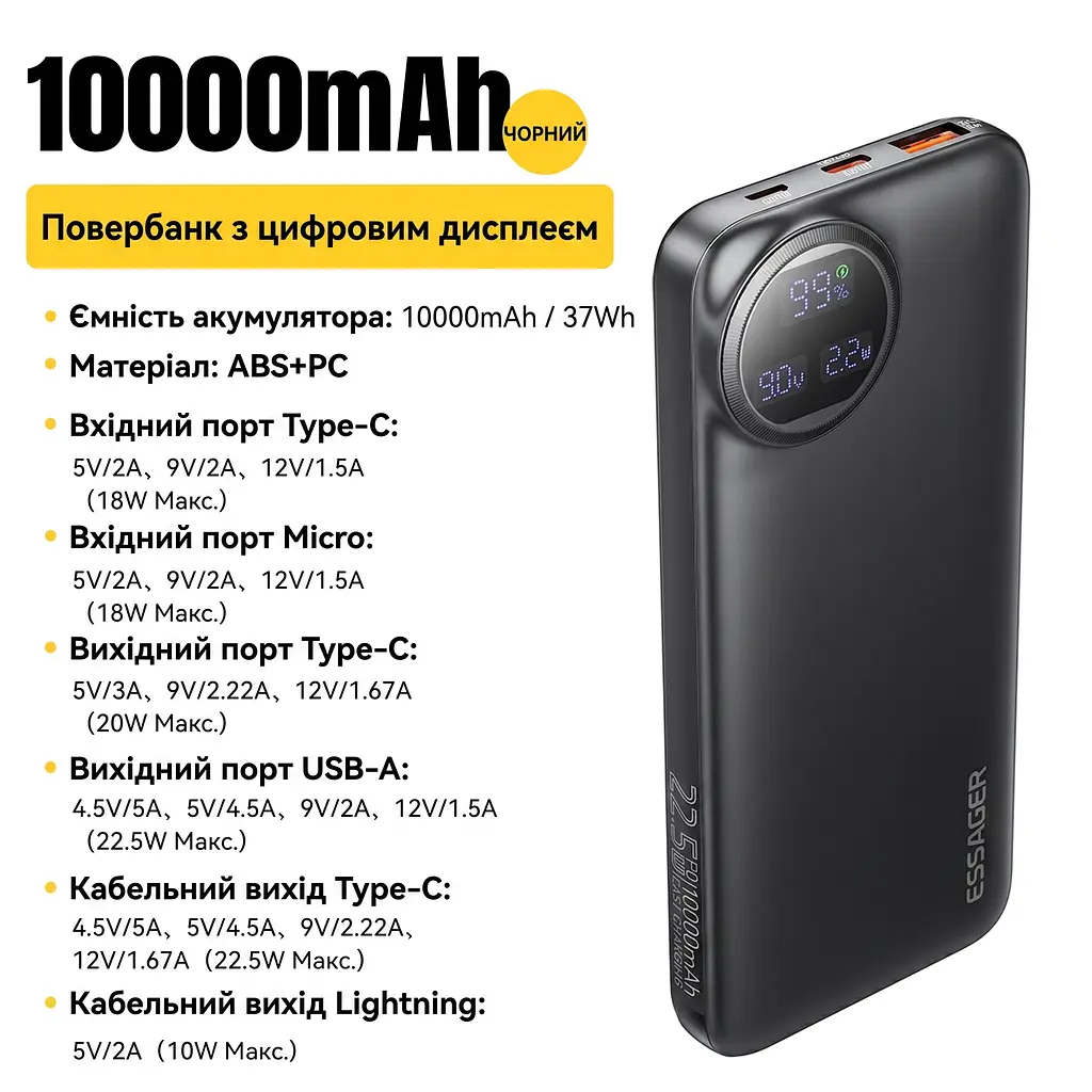 Повербанк Essager Heteromypil 10000 mAh 22.5W з цифровим дисплеєм та вбудованими кабелями Type-C і Lightning - фото 12