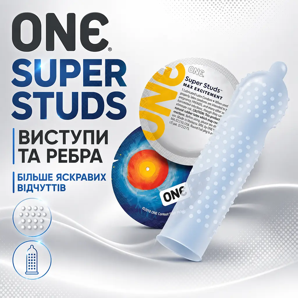 Презерватив ONE Super Studs, текстурований латексний презерватив з крапками та ребрами, гладкий додатково змащений презерватив