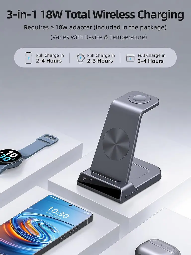 Бездротова зарядна станція 3-в-1 для Samsung Galaxy (S25/S24/S23/S22, Watch, Buds) з годинником, чорна - фото 2