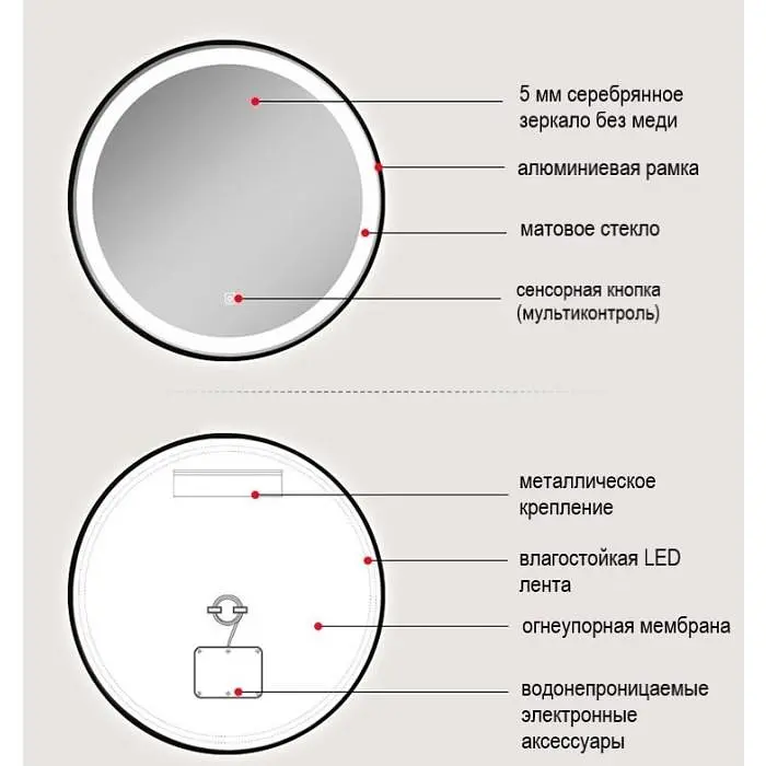 Зеркало Dusel Led DE-M2071D Black кругле 80x80 см сенсорне включення + підігрів+годинник/темп, Чорний - фото 7