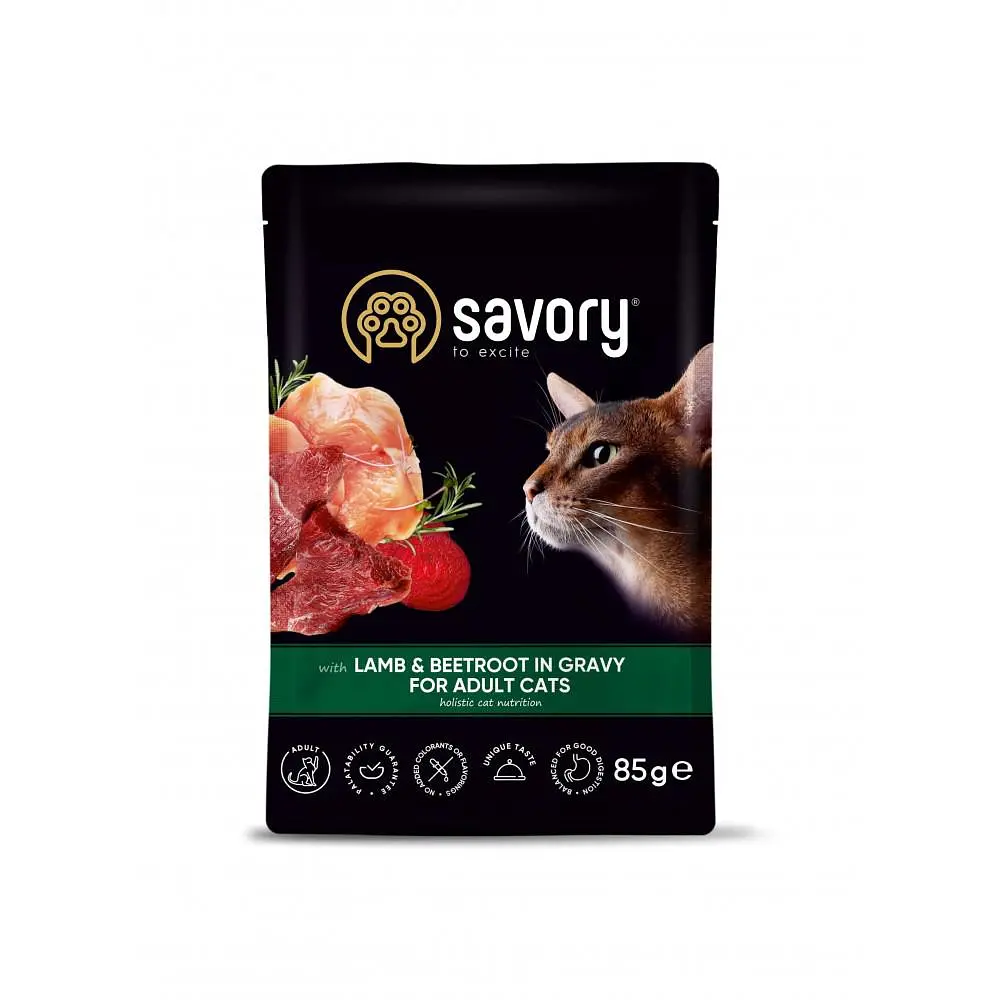 Вологий корм Savory Сейворі для дорослих котів, ягня з буряком у соусі, пауч 85 г (арт.20123)