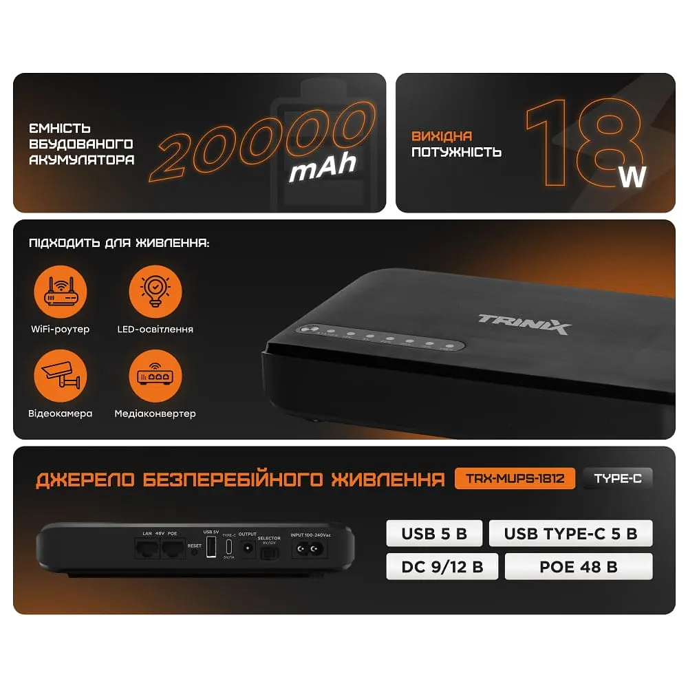 Джерело безперебійного живлення DC UPS Trinix TRX-MUPS-1812 Type-C (20000mAh LiFePo4) 5V/9V/12V/48V/PoE, LiFePo4 4*5Ah, для роутера і медіаконвертера (42-00149) - фото 10