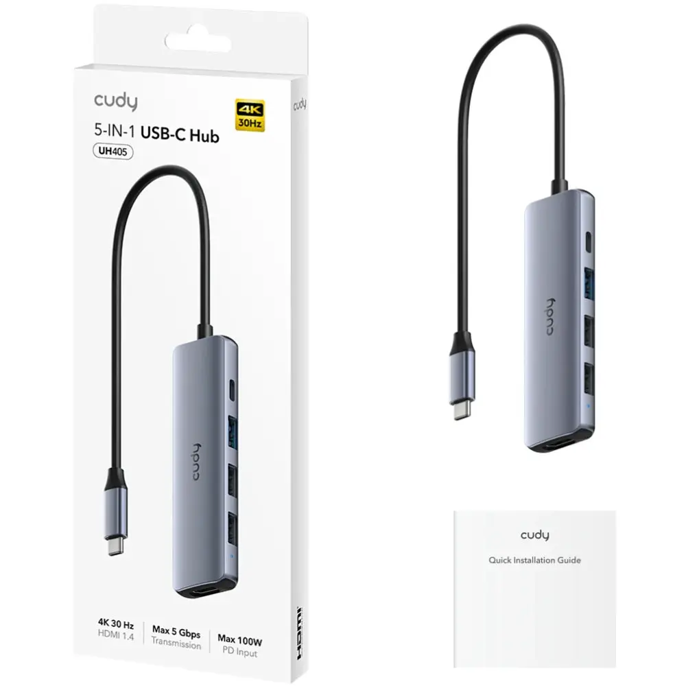 Хаб USB-С 5-в-1,1 хHDMI 4K, 1хUSB-C P-100Вт, 1хUSB-A 3.0 5 Гбіт/с, 2 х передачі даних USB-A 2.0, Cudy - фото 2